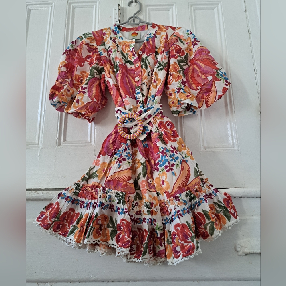 Farm Rio White Spring Bananas Belted Mini Dress Size: Small